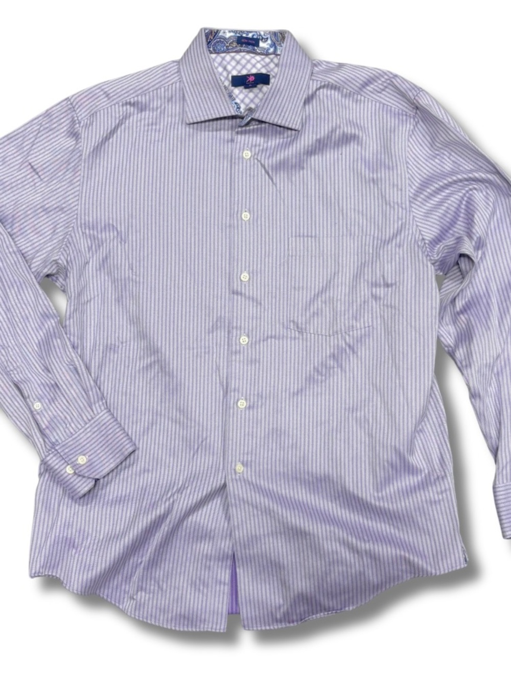 Egara XL Purple Stripe Dress Shirt Non Iron Paisley Trim Mens